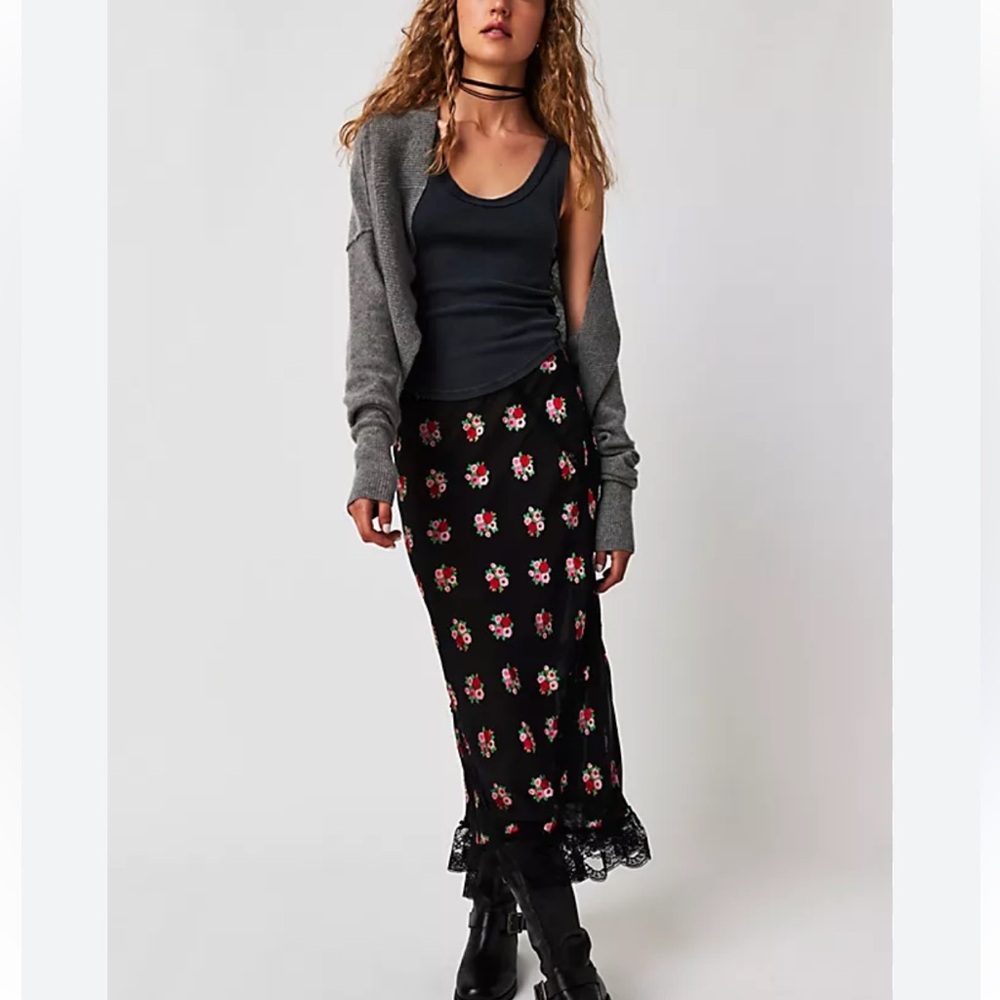 New Anna Sui x Free People Rosie Posie 0 / XS Black Red Silk Blend Lace Midi USA